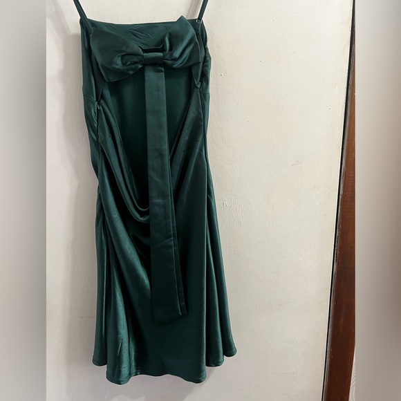 Lulu's Sincerest Elegance Emerald Satin Cowl Back Bow Mini Dress - Picture 7 of 10
